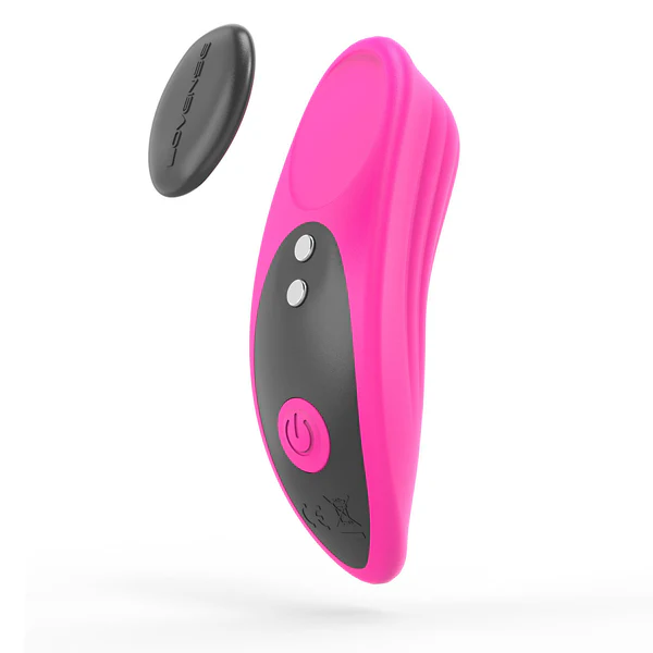 A pink and black remote-controlled vibrating panty toy with a magnetic cap.