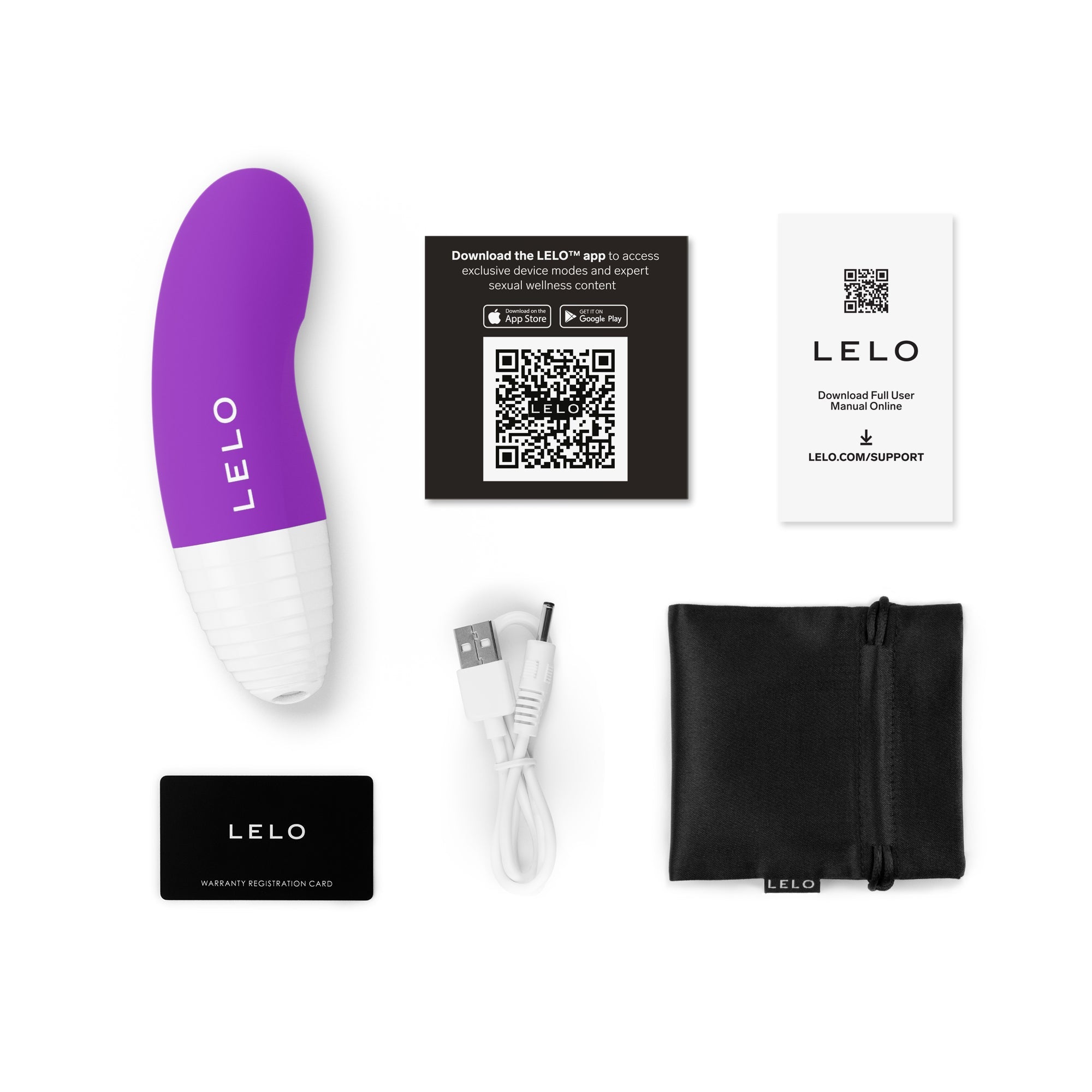 Purple and white LELO clitoral massager with charging cable, warranty card, and storage pouch.