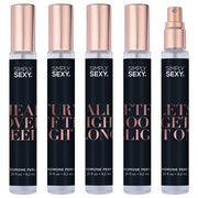 Five bottles of Simply Sexy pheromone perfume spray with rose gold caps.