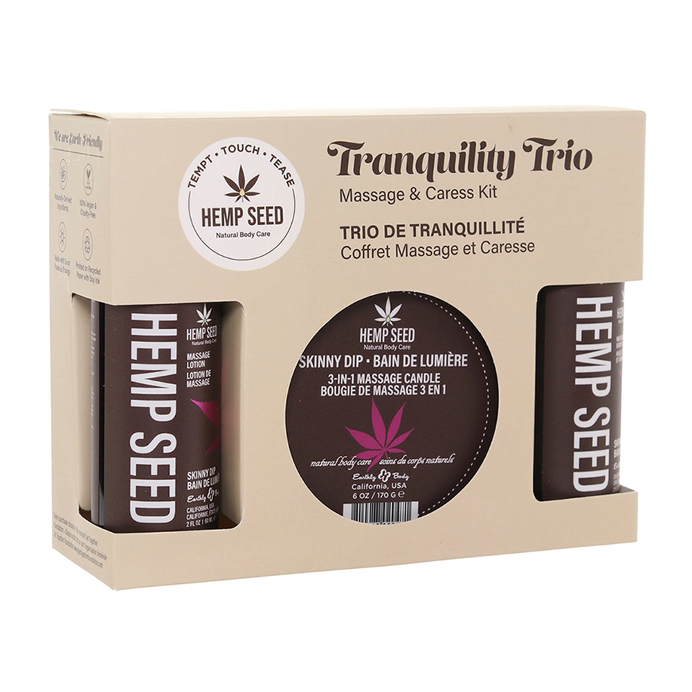 Hemp Seed Massage Trio gift set with lotion, candle, and oil.