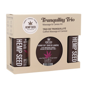 Hemp Seed Massage Trio gift set with lotion, candle, and oil.