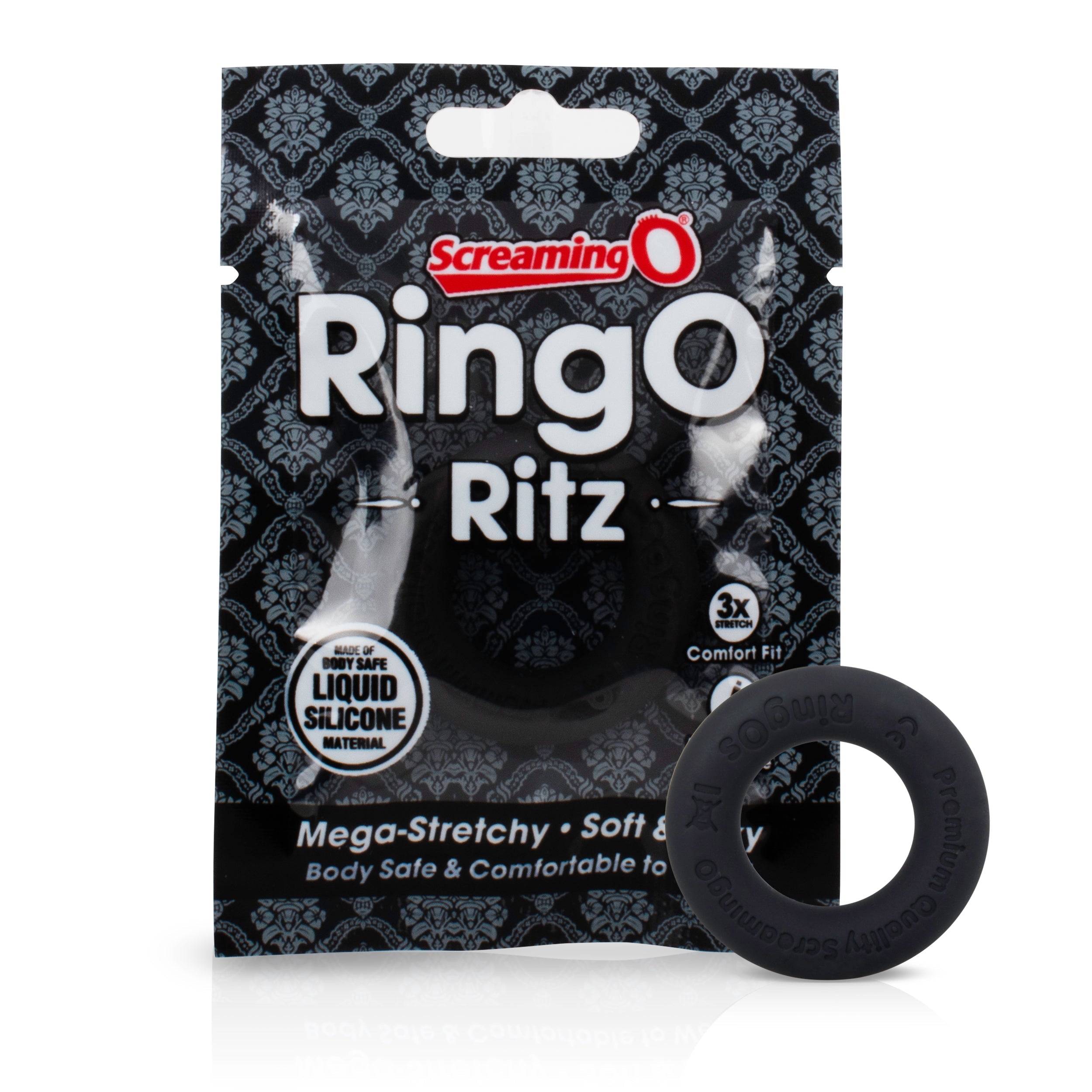 Black liquid silicone cock ring with "Screaming O" branding.