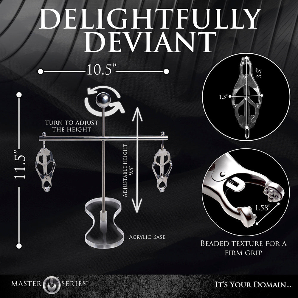 Adjustable stainless steel nipple clamps on an acrylic base with height and width measurements.