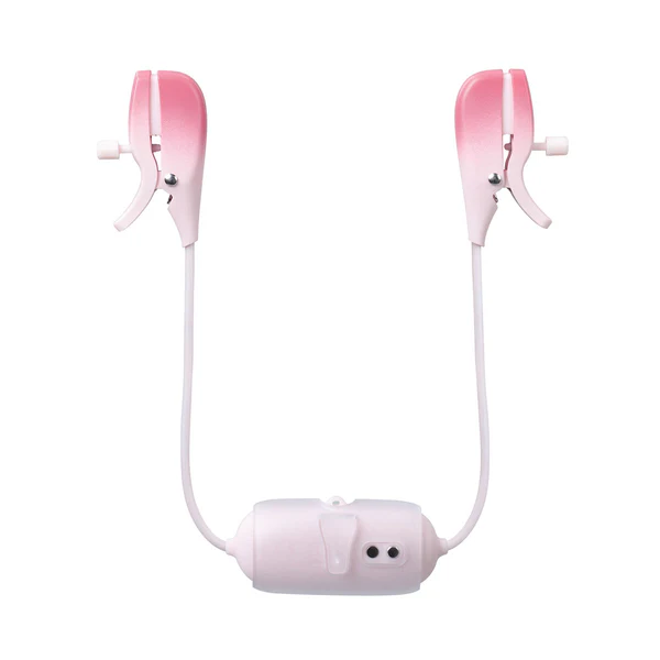 Pink vibrating nipple clamps with adjustable squeeze and dual motors.