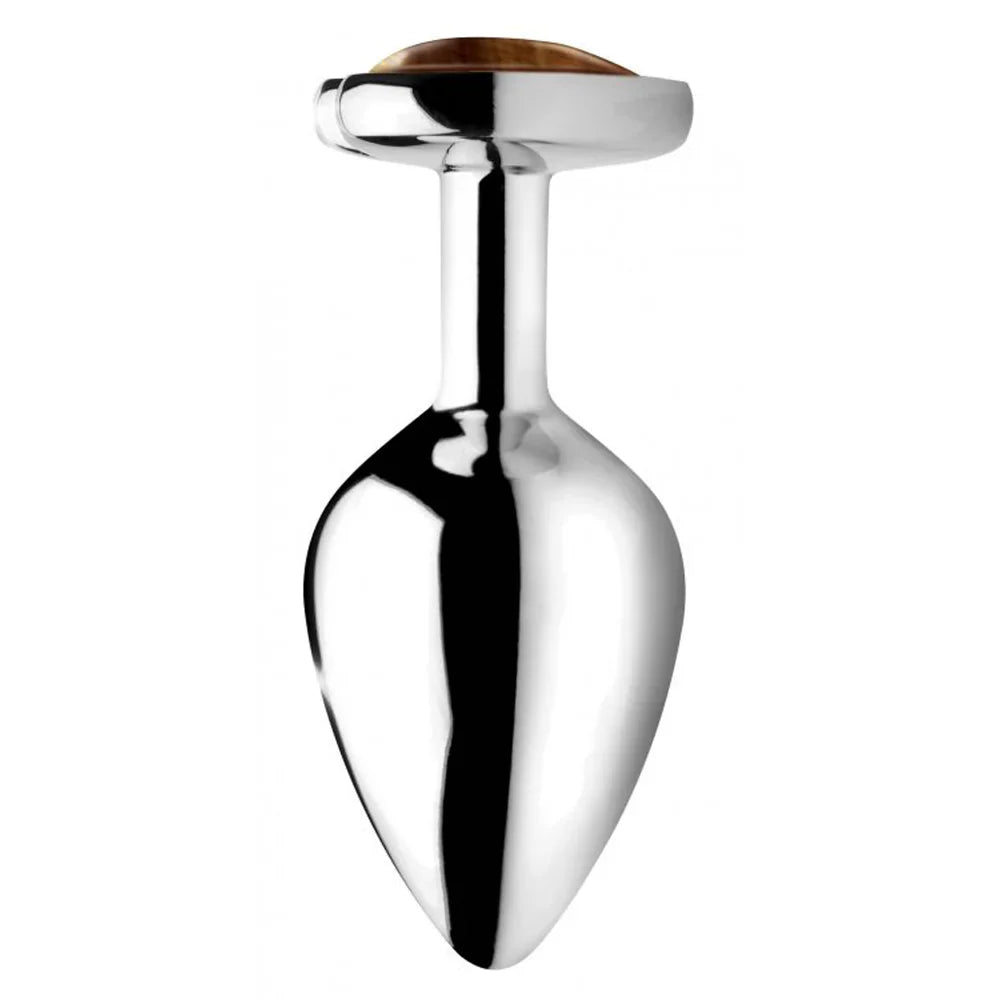 Aluminum alloy anal plug with a heart-shaped tiger's eye gemstone.