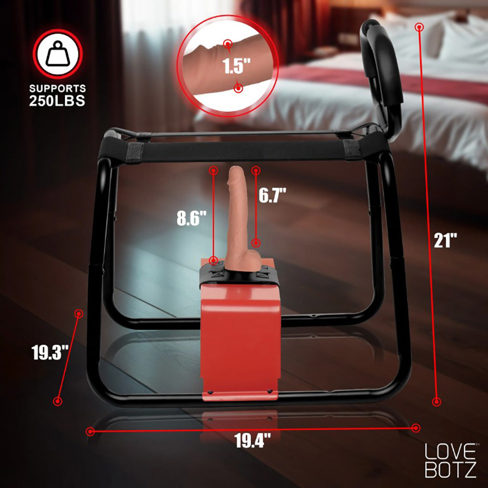 A vibrating thrusting dildo bench with dimensions and a dildo shown.