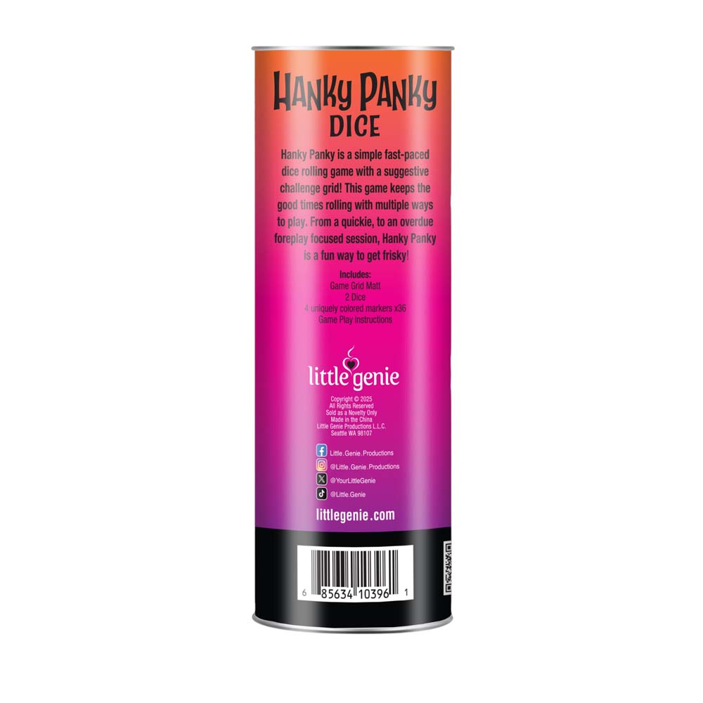 Hanky Panky Dice game with a suggestive challenge grid and colorful markers.