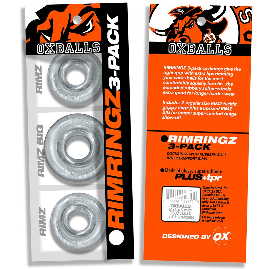 Clear Rimringz 3-pack cock rings in multiple sizes.
