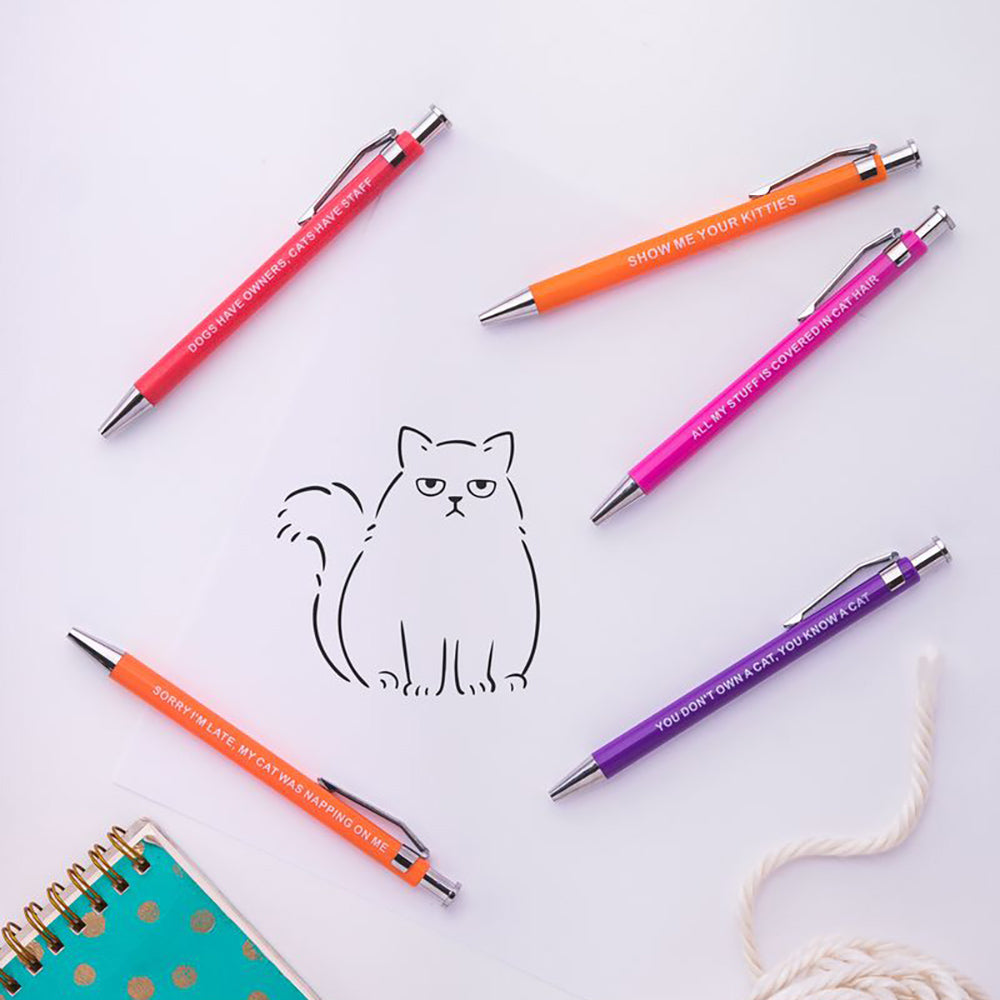 Five colorful pens with funny cat phrases are arranged around a drawing of a cat.