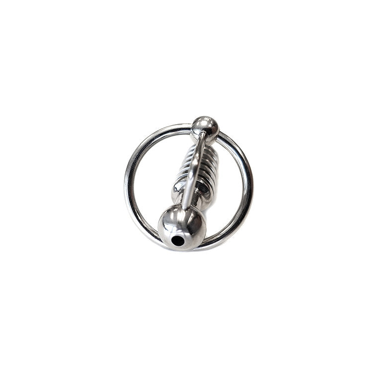 Stainless steel urethral probe with a beaded shaft and a cock ring.