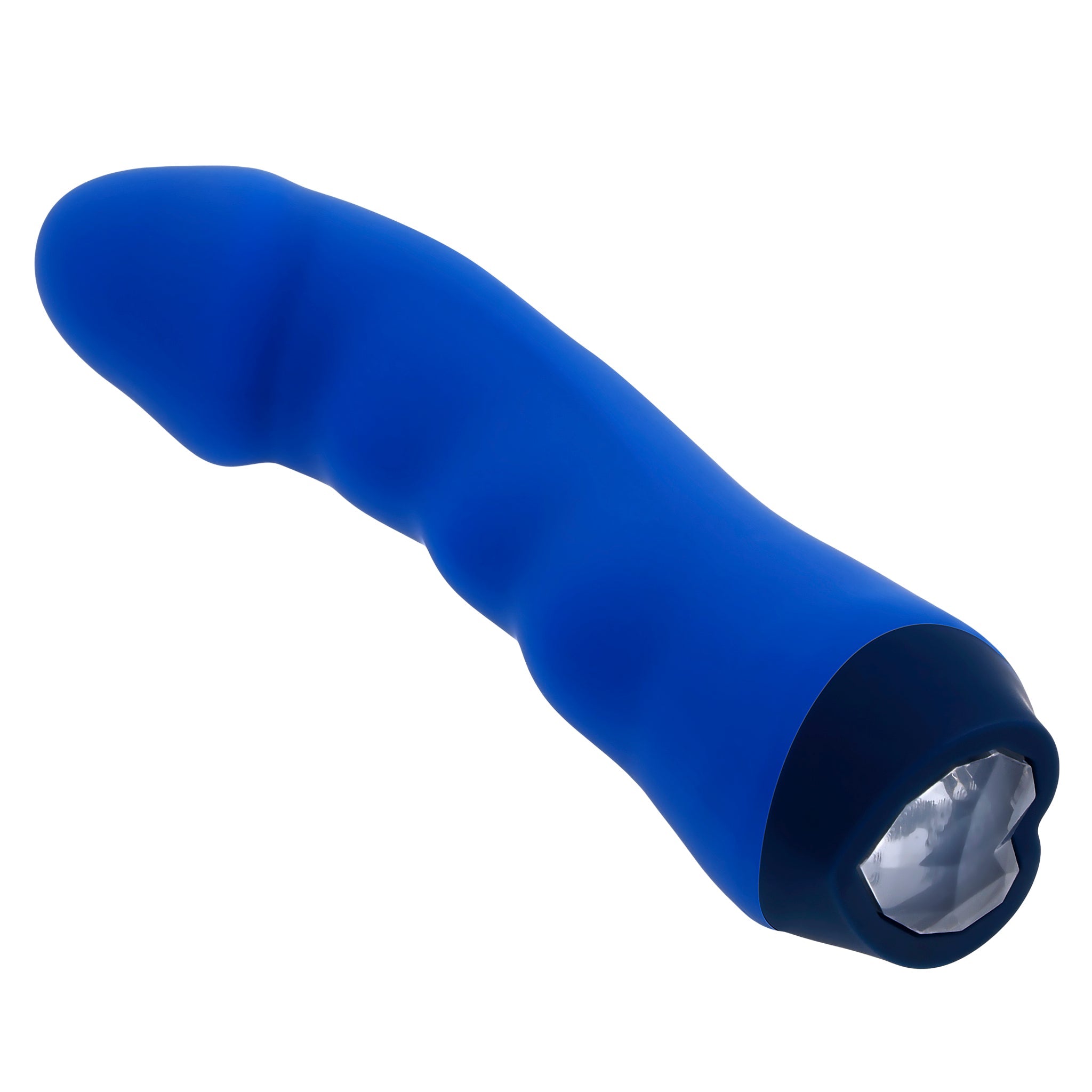 Blue silicone G-spot vibrator with a curved head and heart-shaped gem control.