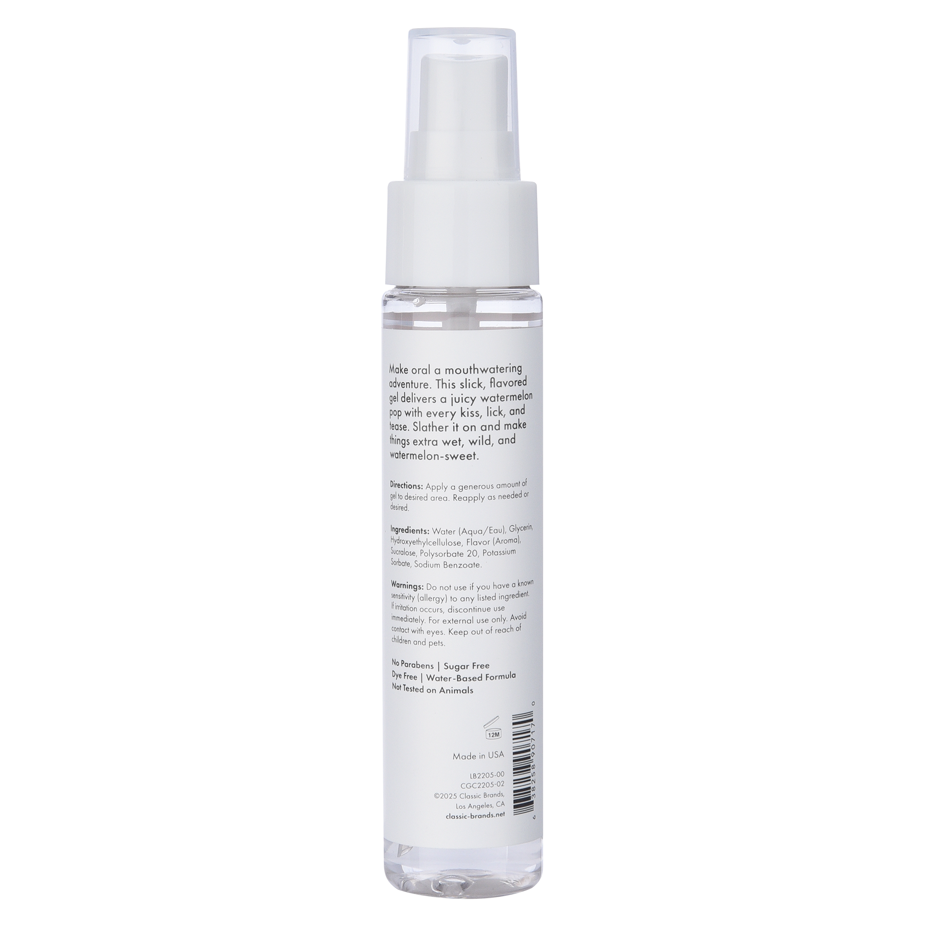 A clear bottle of watermelon flavored oral gel with product information.