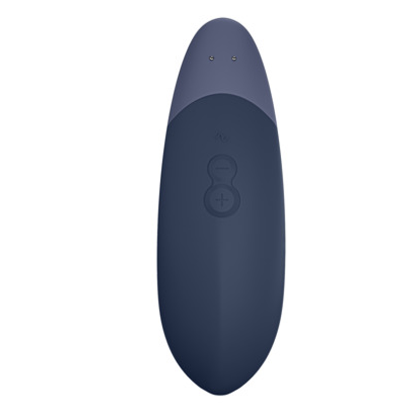 Dark blue clitoral vibrator with two buttons and charging pins.