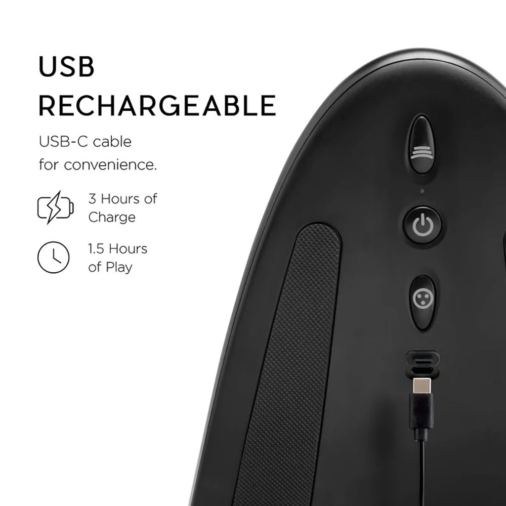 Black mouse with USB-C charging port and power button.