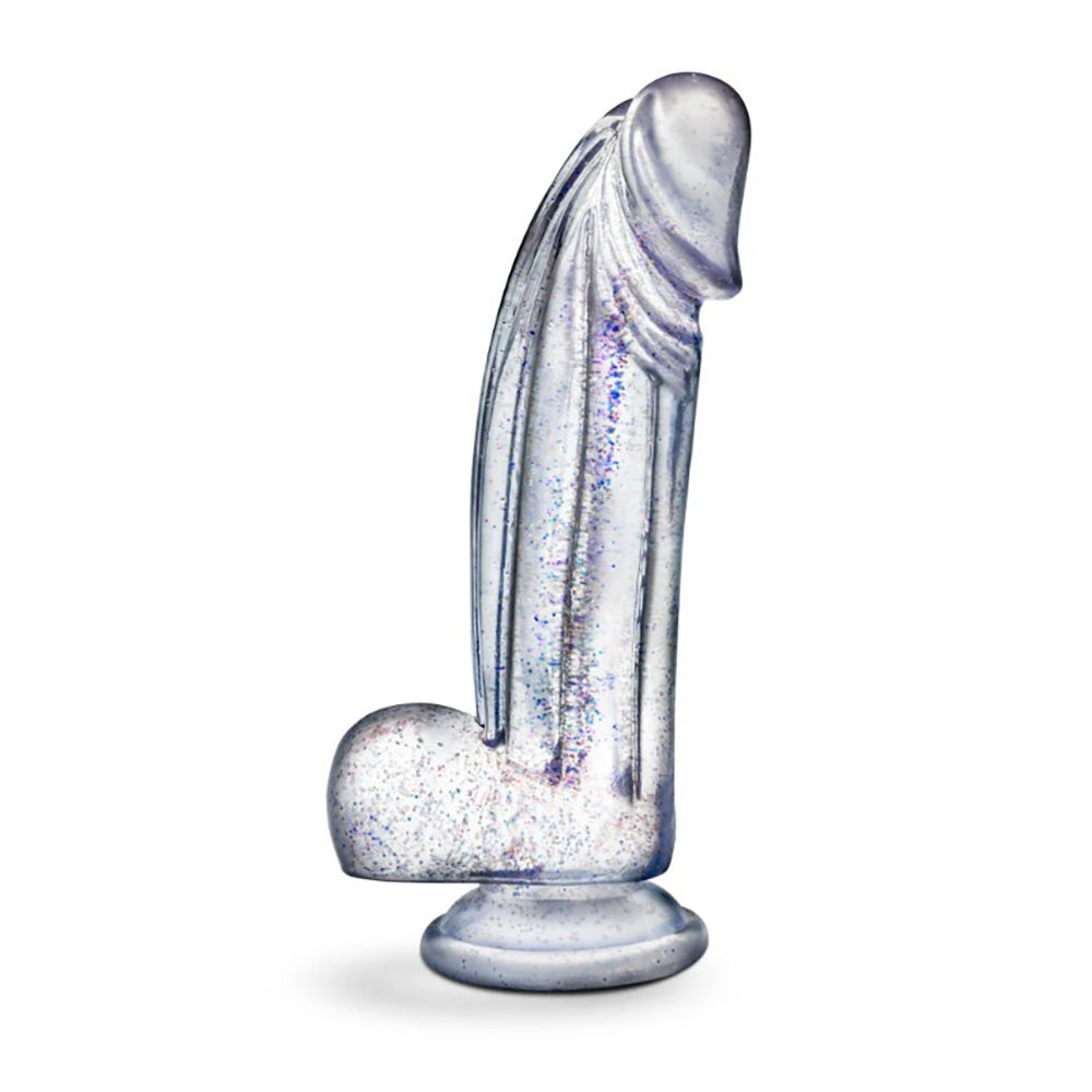 Clear glitter dildo with sparkling accents and suction cup base.