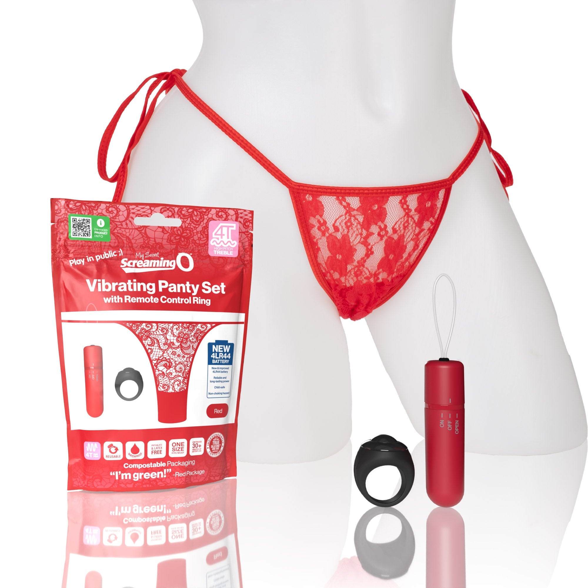 Red lace thong with a remote-controlled vibrator and ring.