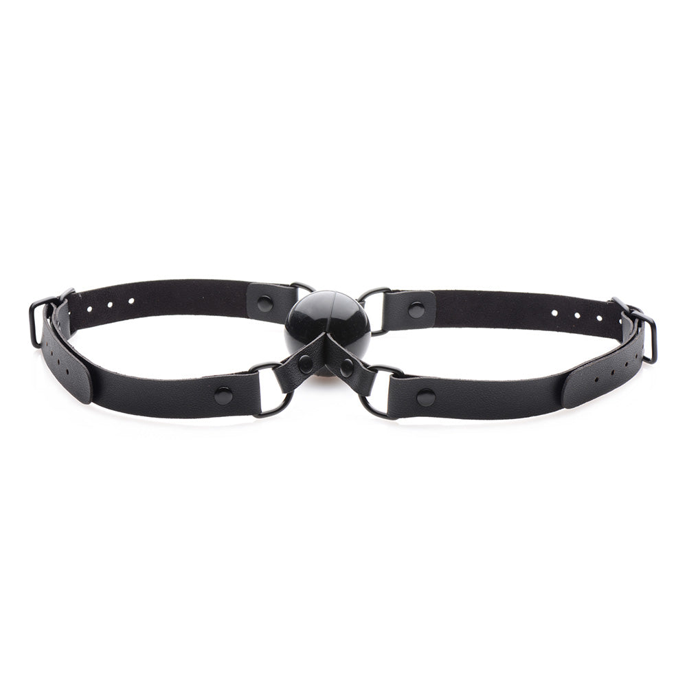 Black silicone ball gag with adjustable PU leather straps.