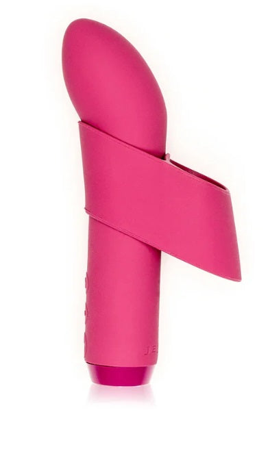 A pink vibrator with a curved pink band wrapped around it.