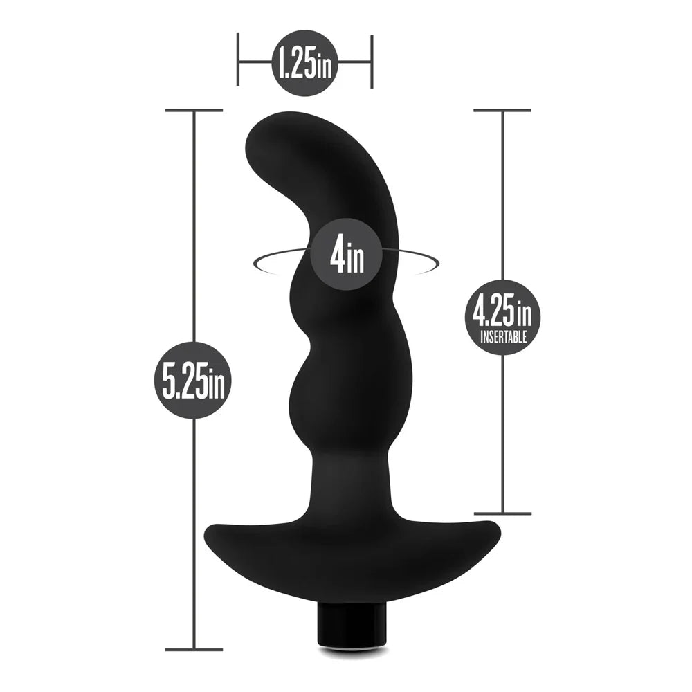 Black silicone prostate massager with dimensions indicated.