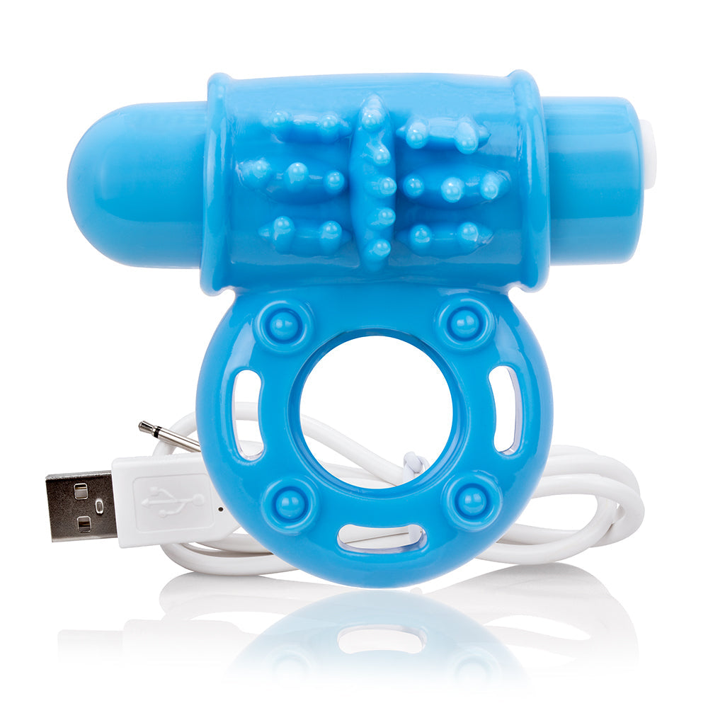 Blue rechargeable vibrating cock ring with USB cable.