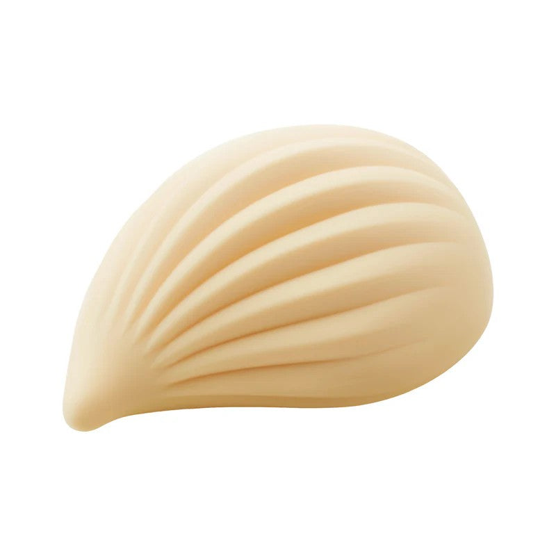 A ribbed, teardrop-shaped silicone vibrator in a pale yellow color.