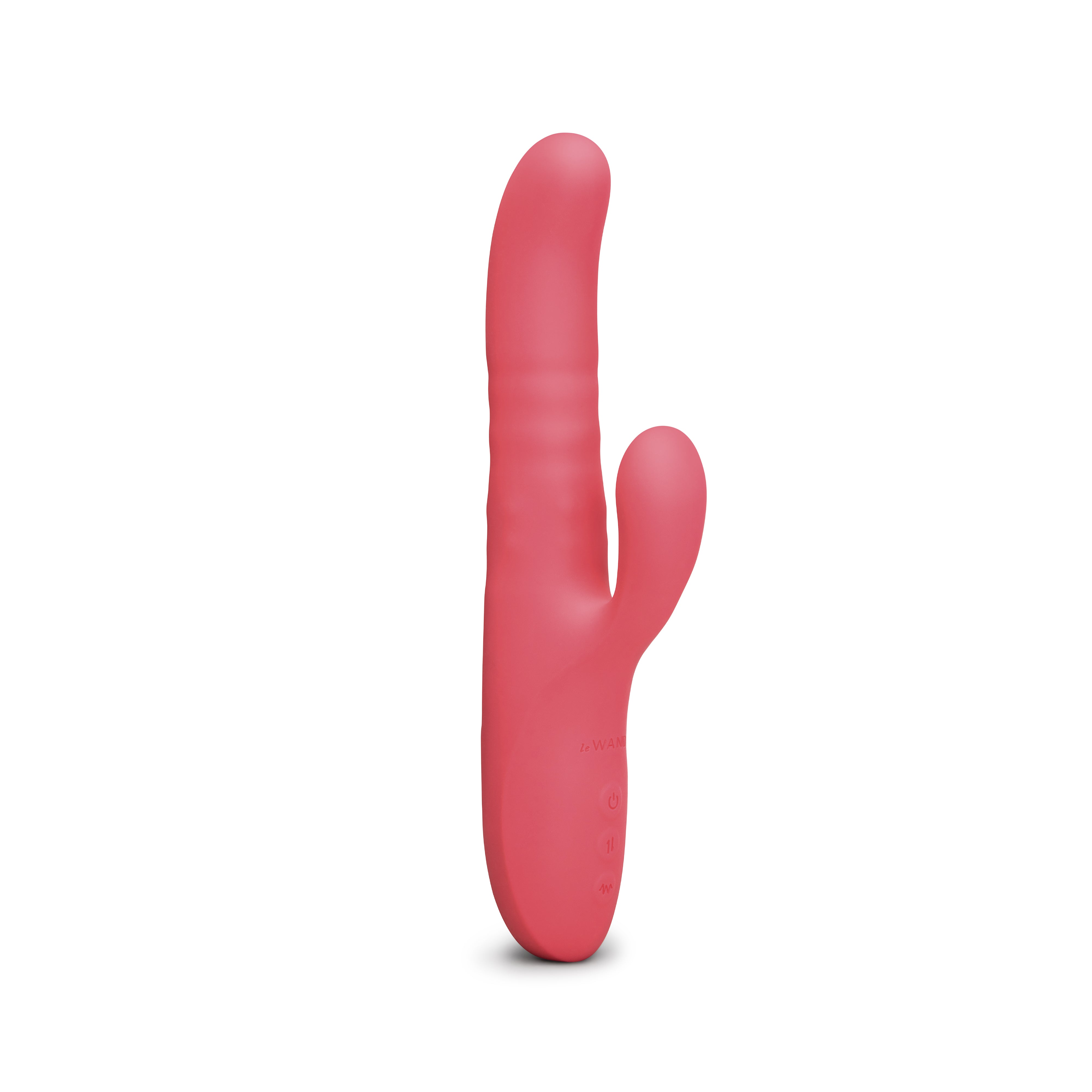 A pink silicone vibrator with a curved tip and a smaller clitoral stimulator.