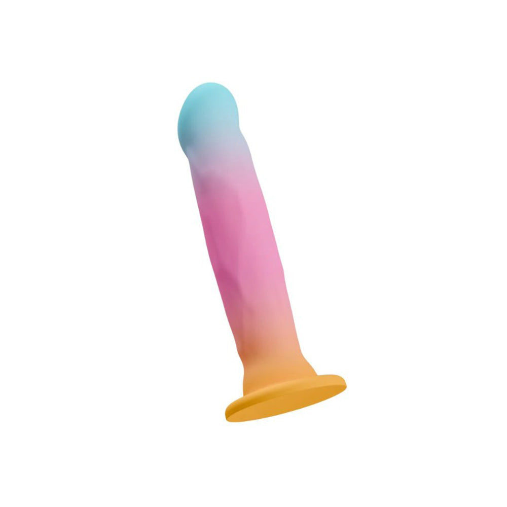 Gradient blue-to-orange silicone G-spot and P-spot stimulator with suction cup base.