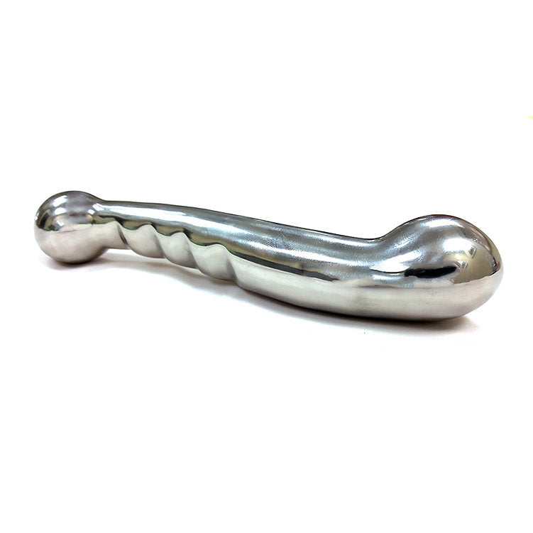 Stainless steel dual-ended dildo with a ridged side.