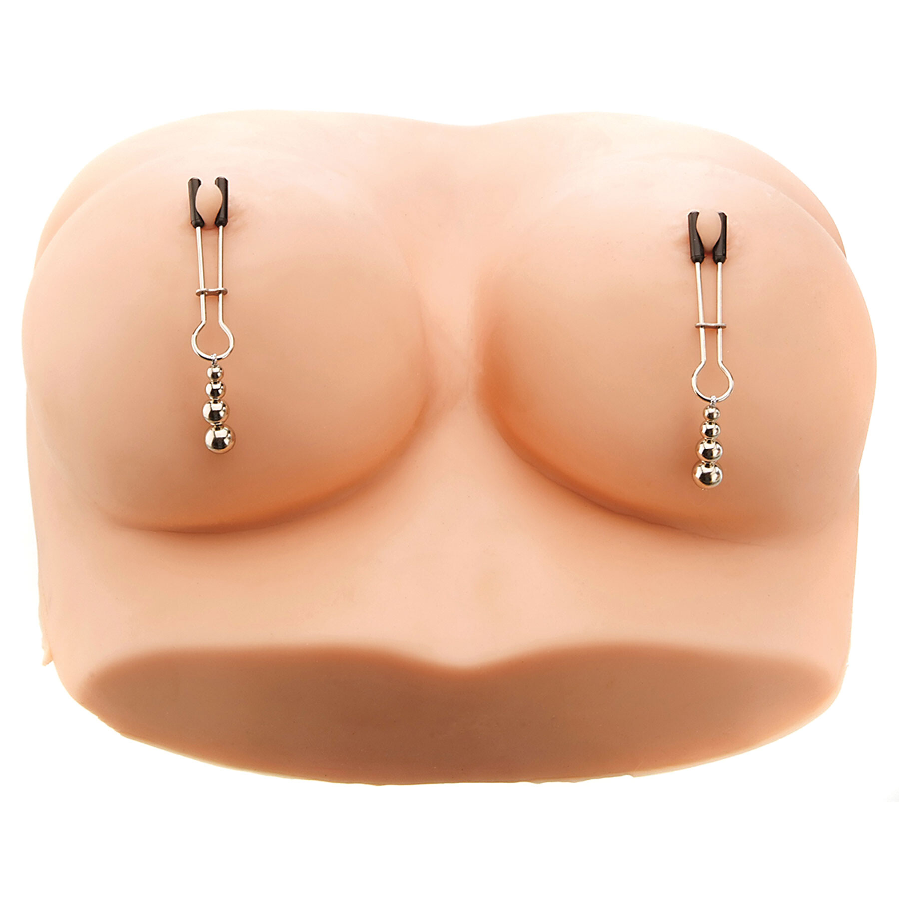 Adjustable weighted nipple clamps with rubber tips on a mannequin torso.