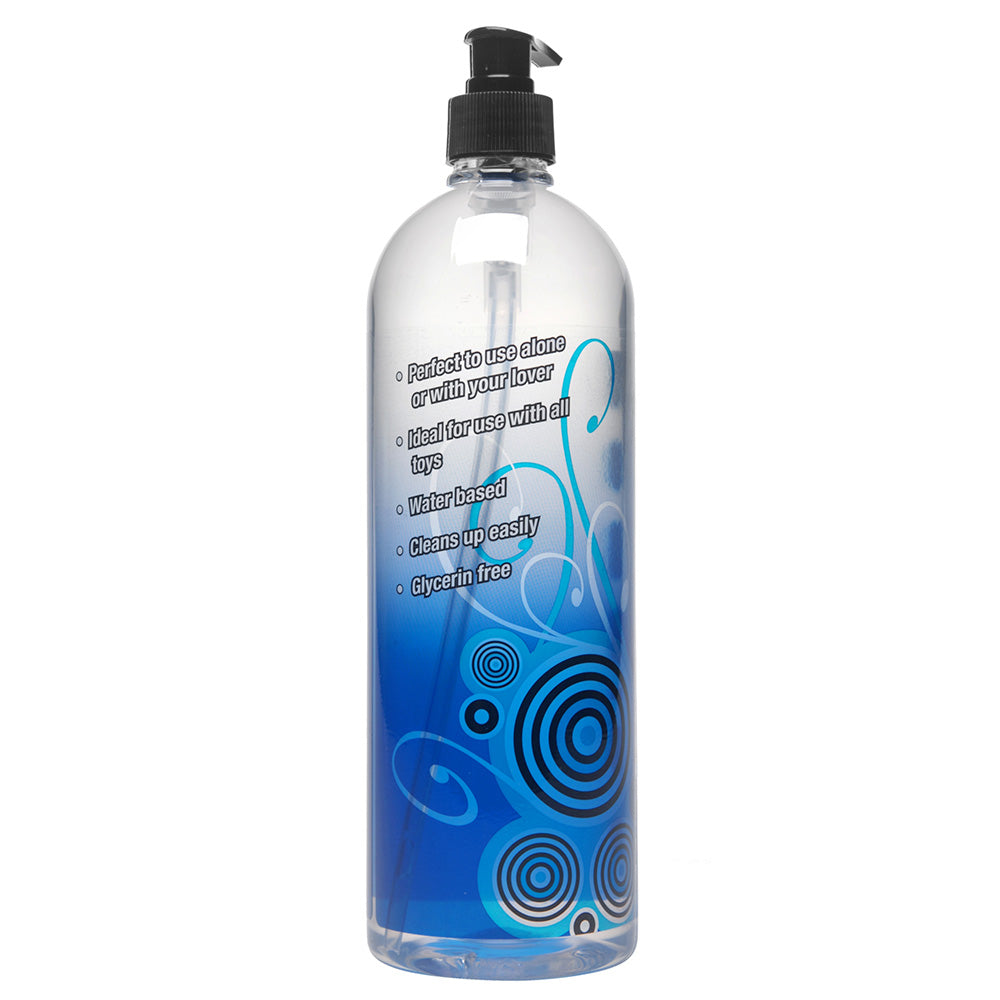 A clear bottle of water-based lubricant with a black pump dispenser and blue swirl design.