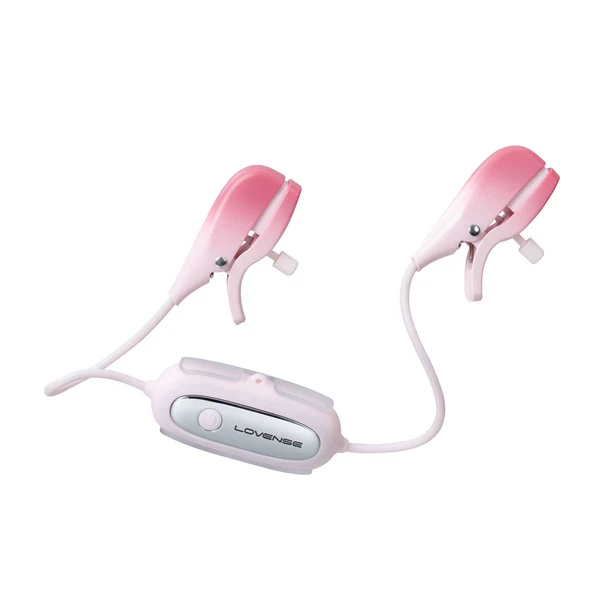 Lovense Gemini app-controlled vibrating nipple clamps in pink and white.