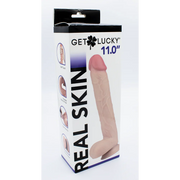 Boxed 11-inch realistic skin suction cup dildo with dual density and lifelike texture.