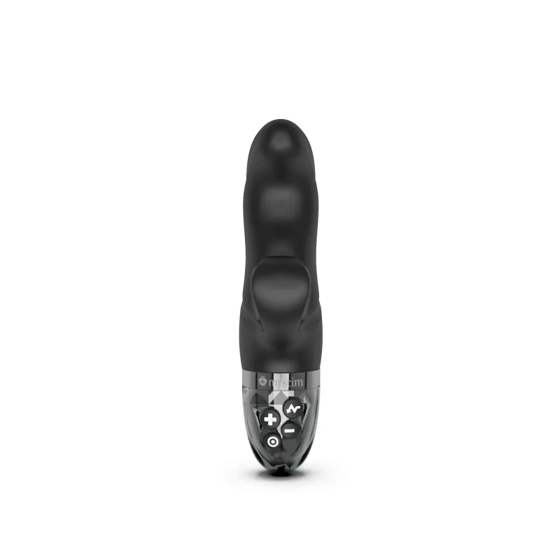 Black silicone dual stimulator vibrator with control buttons.