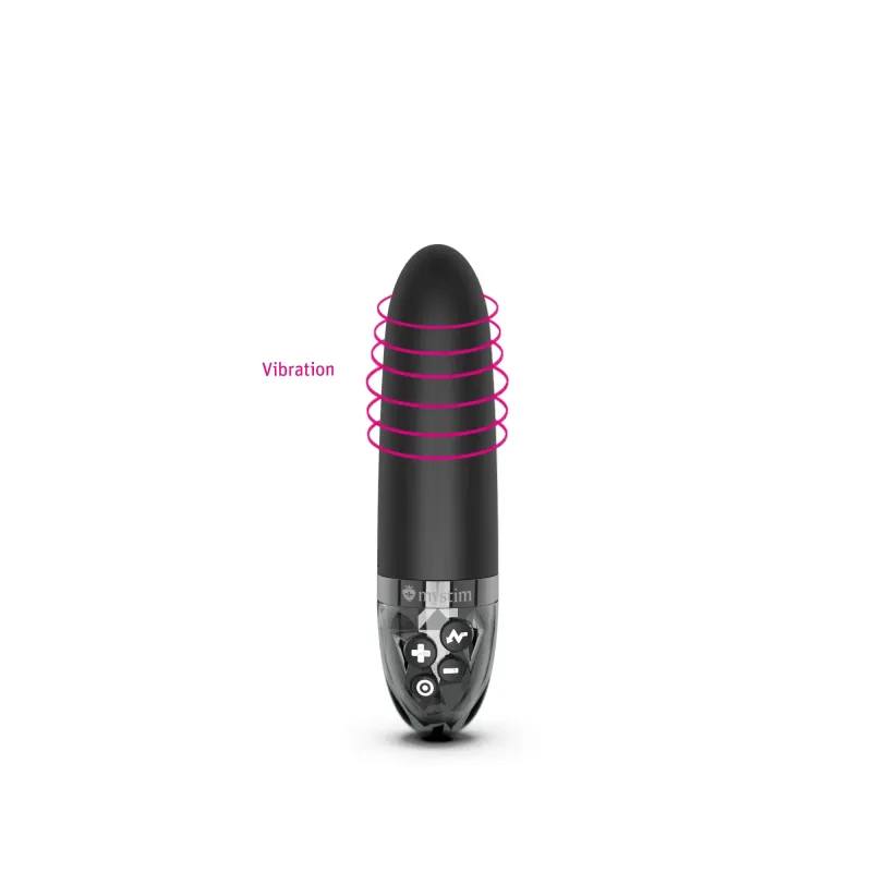 Black E-stim vibrator with vibration graphic and control buttons.