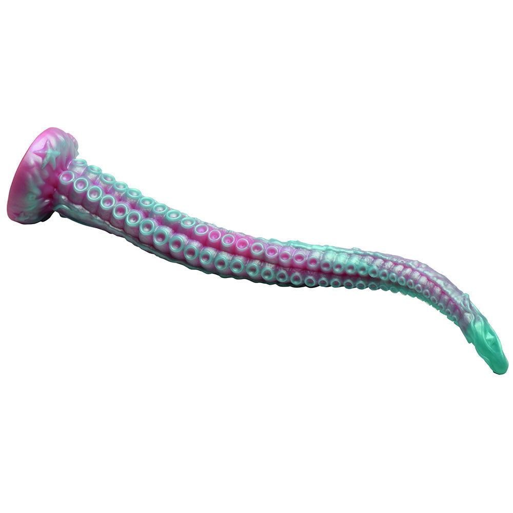 Pink and teal tentacle dildo with suction cup base.