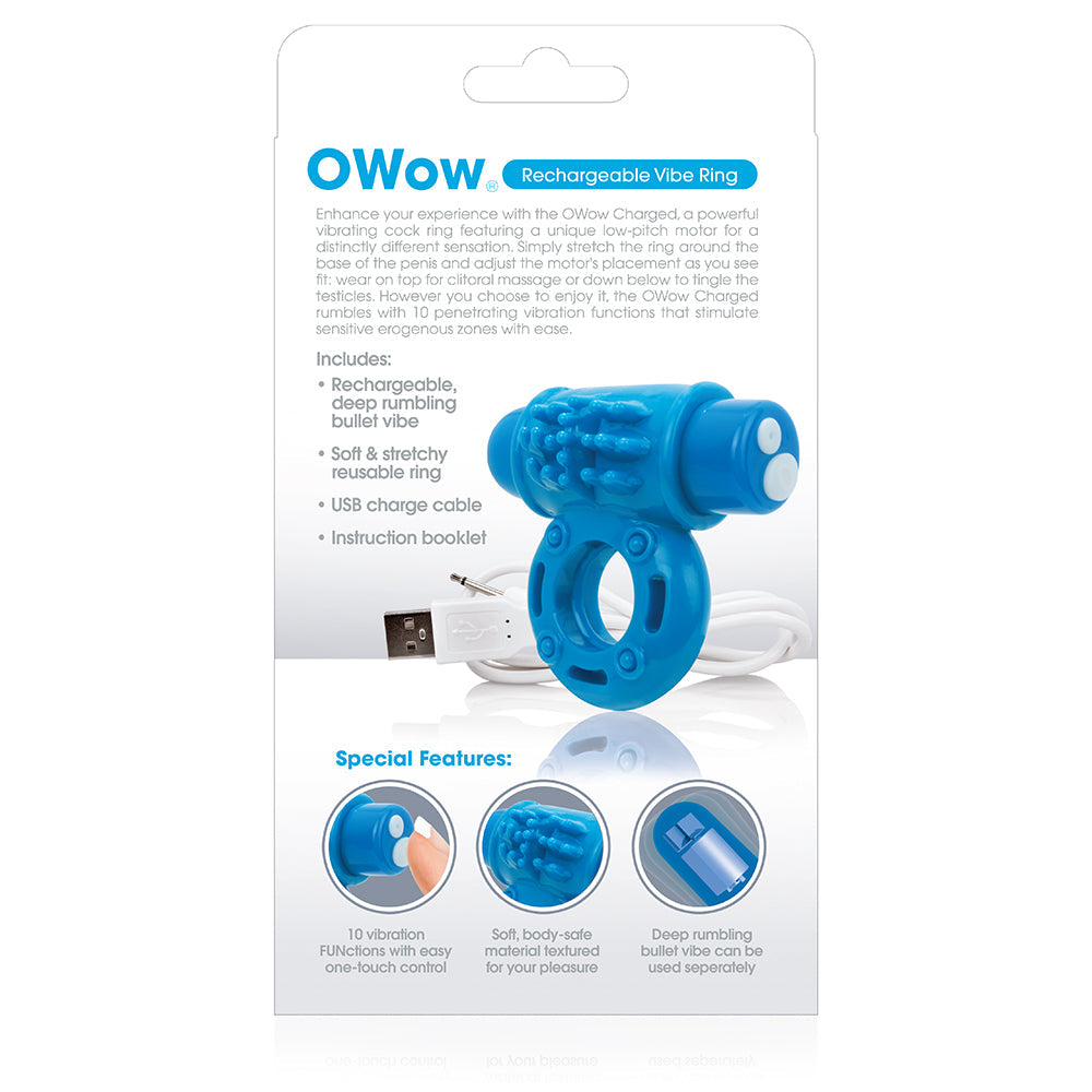 Blue rechargeable vibrating cock ring with USB cable and instruction booklet.