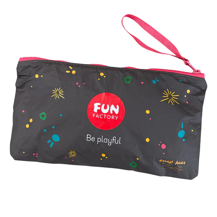 A gray Fun Factory toy bag with colorful speckles and a pink zipper.