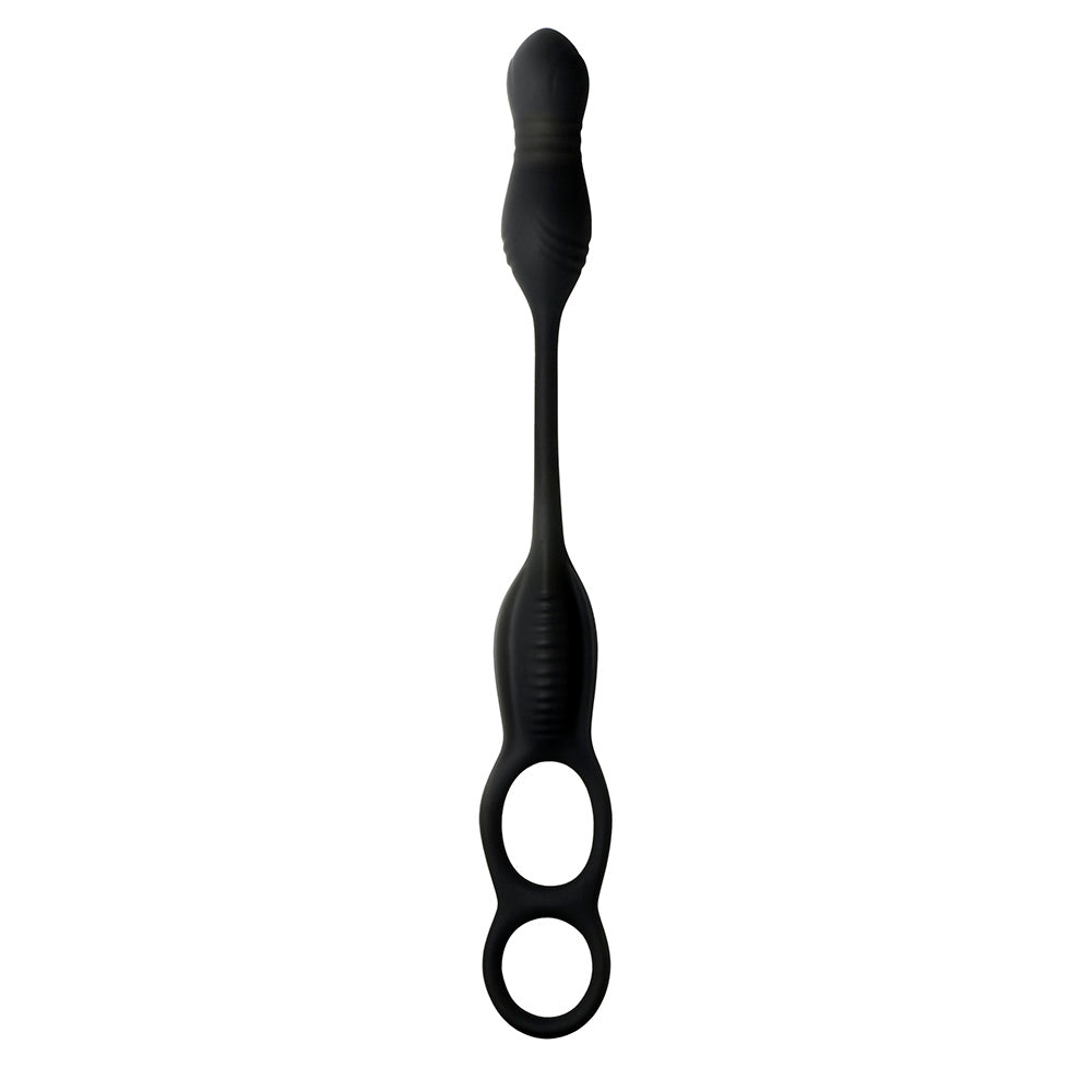 Black silicone anal plug with a C-ring and taint stimulator.