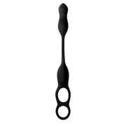 Black silicone anal plug with a C-ring and taint stimulator.