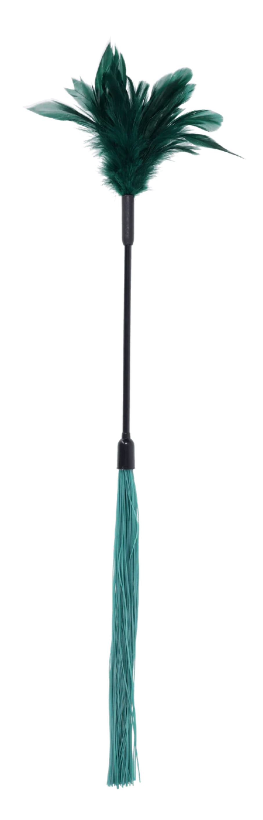 Dual-ended tickler with green feathers on one end and teal silicone strands on the other.