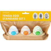 Tenga Egg Standard Set I with three textured eggs: Wavy, Starry, and Cubic.