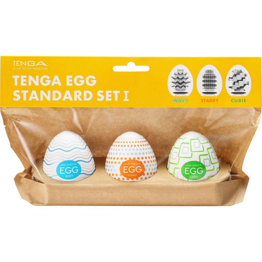 Tenga Egg Standard Set I with three textured eggs: Wavy, Starry, and Cubic.