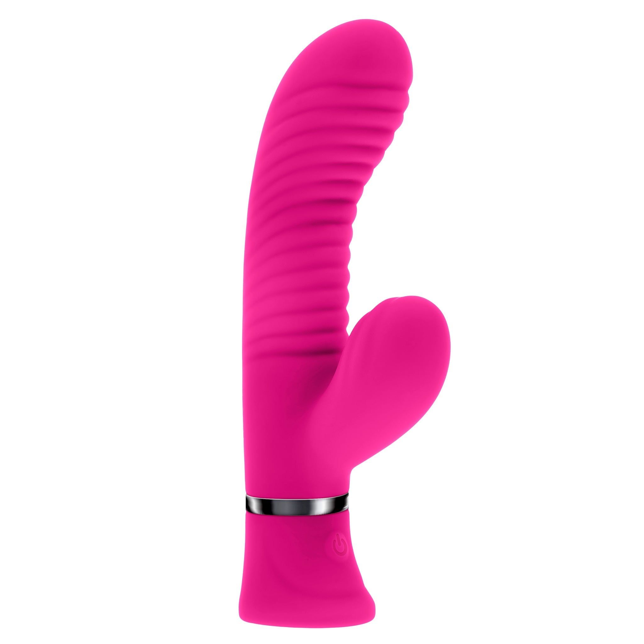 A pink silicone G-spot vibrator with ribbed texture and a curved tip.