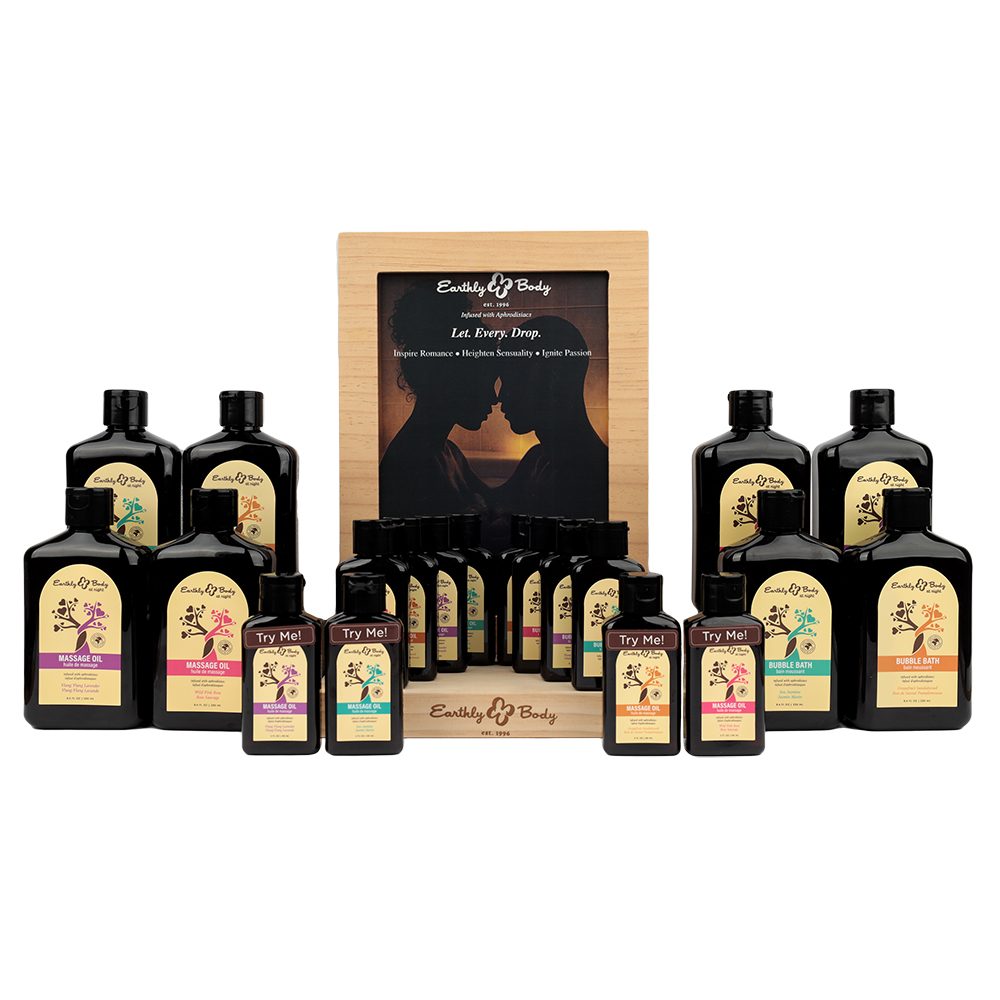 Earthly Body Aphrodisiac Massage Oil and Bubble Bath prepack with display.