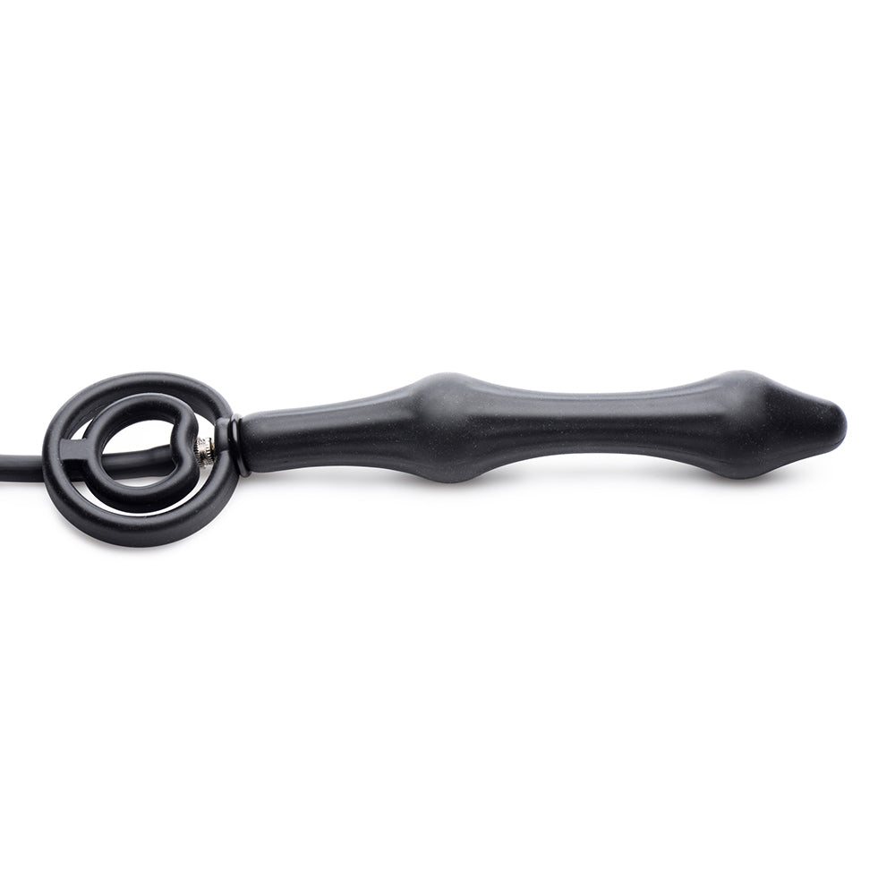 Black inflatable silicone anal plug with a cock ring.