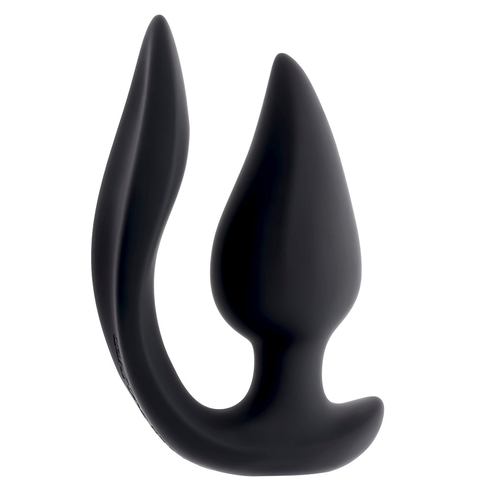 Black silicone plug with a curved handle and two pointed ends.