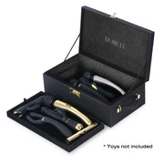 A black faux leather storage case with a combination lock and gold accents, open to reveal a tray and interior compartments.