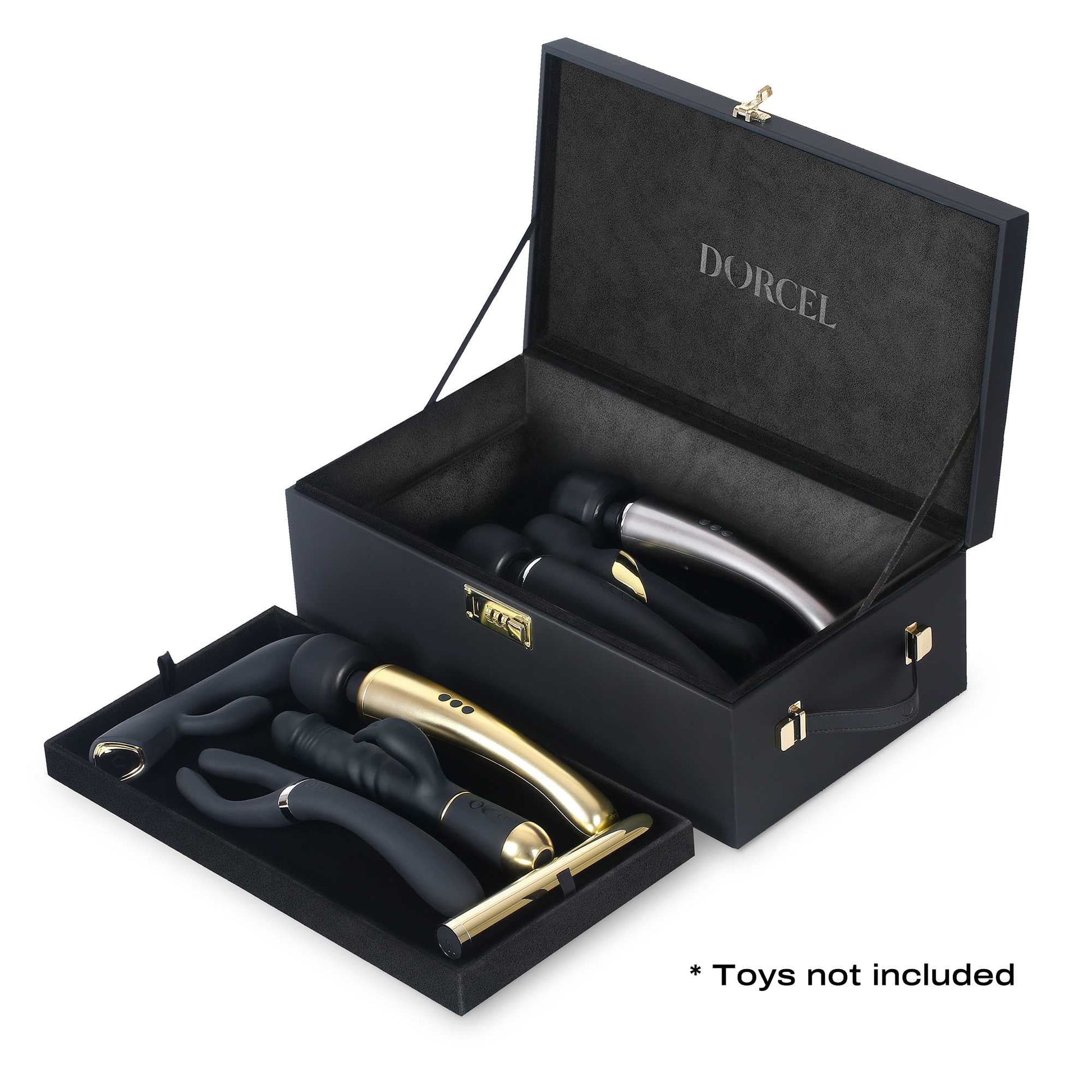 A black faux leather storage case with a combination lock and gold accents, open to reveal a tray and interior compartments.