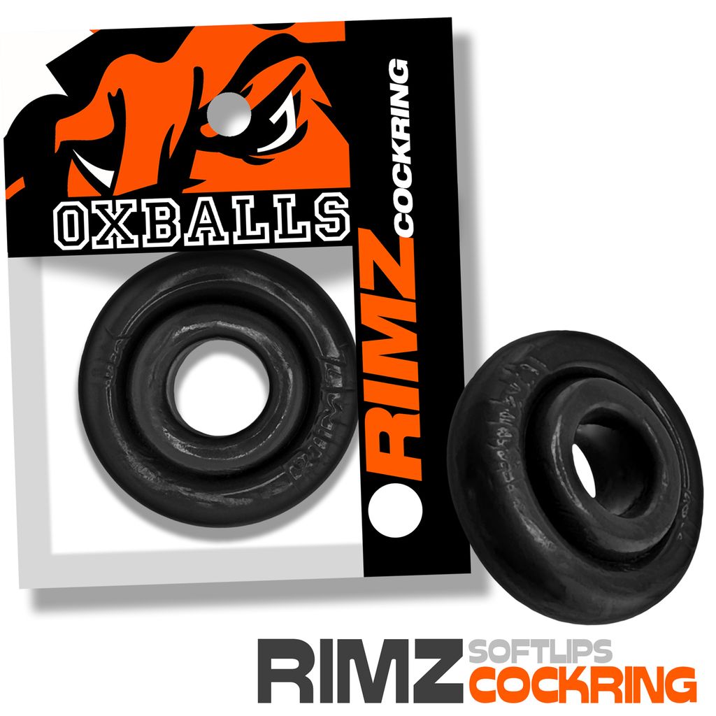 Black rubber Rimz cock ring with Oxballs branding.