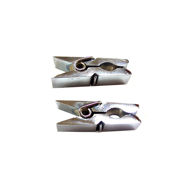 Two chrome-plated metal nipple clamps with a spring mechanism.